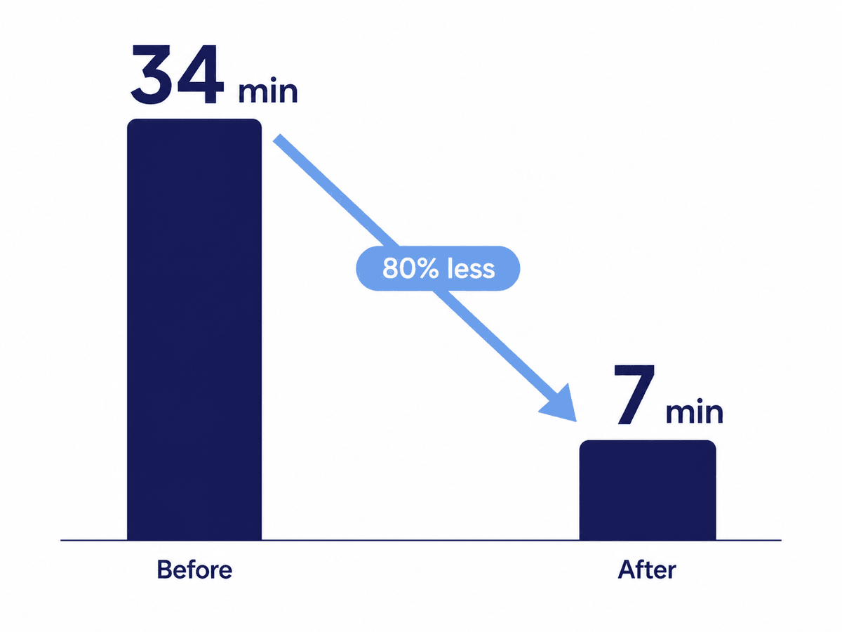 Bar chart: pain-management time falling from 34 minutes to 7 minutes, 80% less