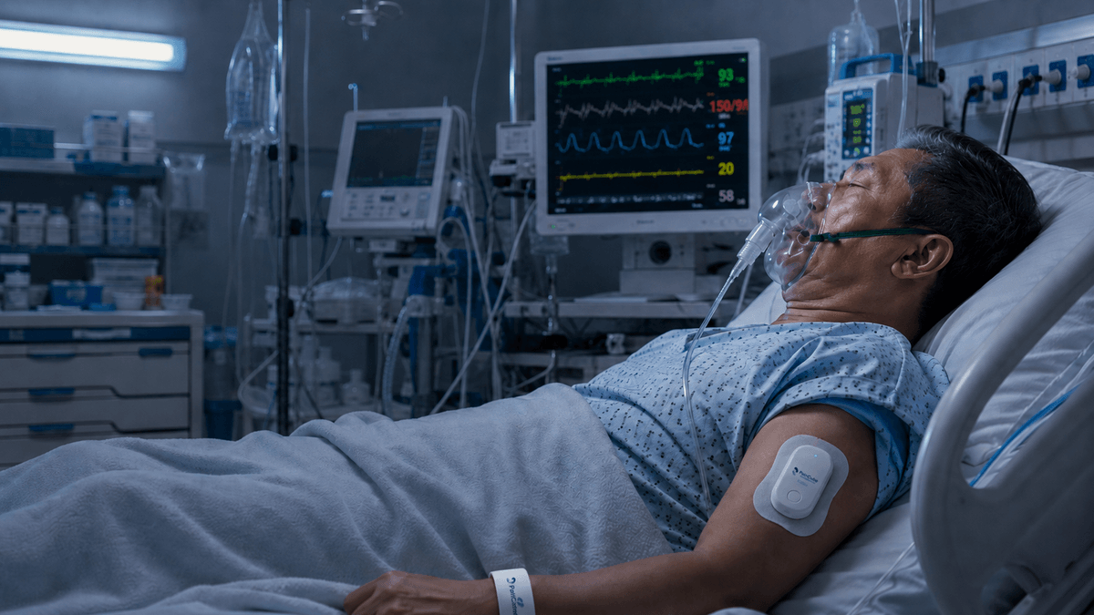 PainCube sensor attached to an ICU patient collecting biosignals at the bedside
